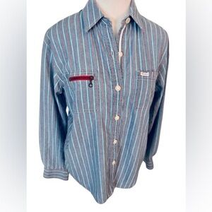 Vintage Ralph Lauren Blue Red Striped Button Down Women’s Shirt Top Medium Logo